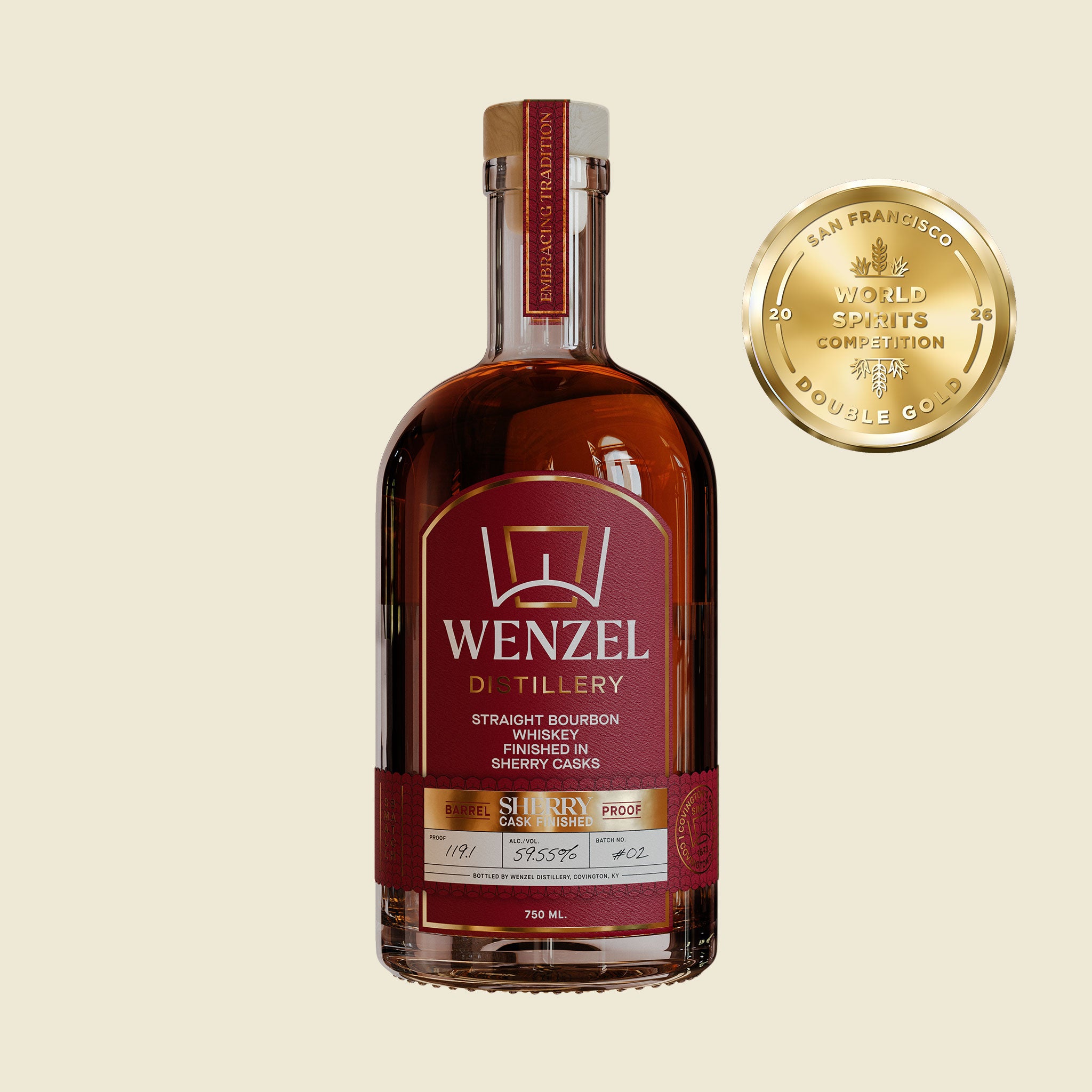 Bottle of Wenzel Distillery Sherry Cask Finished Batch #02 Barrel Proof Straight Bourbon Whiskey Finished in Sherry Casks 750ml with San Francisco World Spirits Competition 2026 Double Gold Award