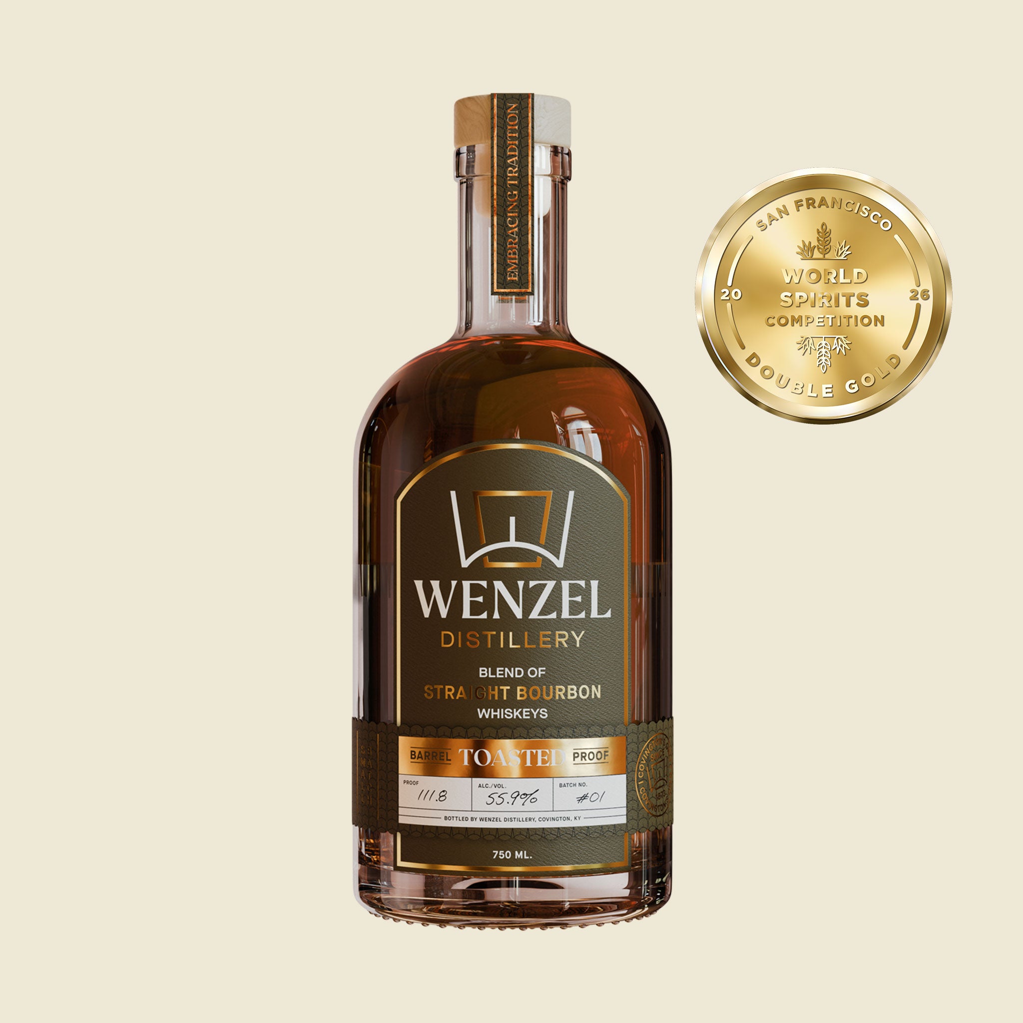 Bottle of Wenzel Distillery Toasted Blend of Straight Bourbon Whiskeys Barrel Proof 750ml with San Francisco World Spirits Competition 2026 Double Gold Award