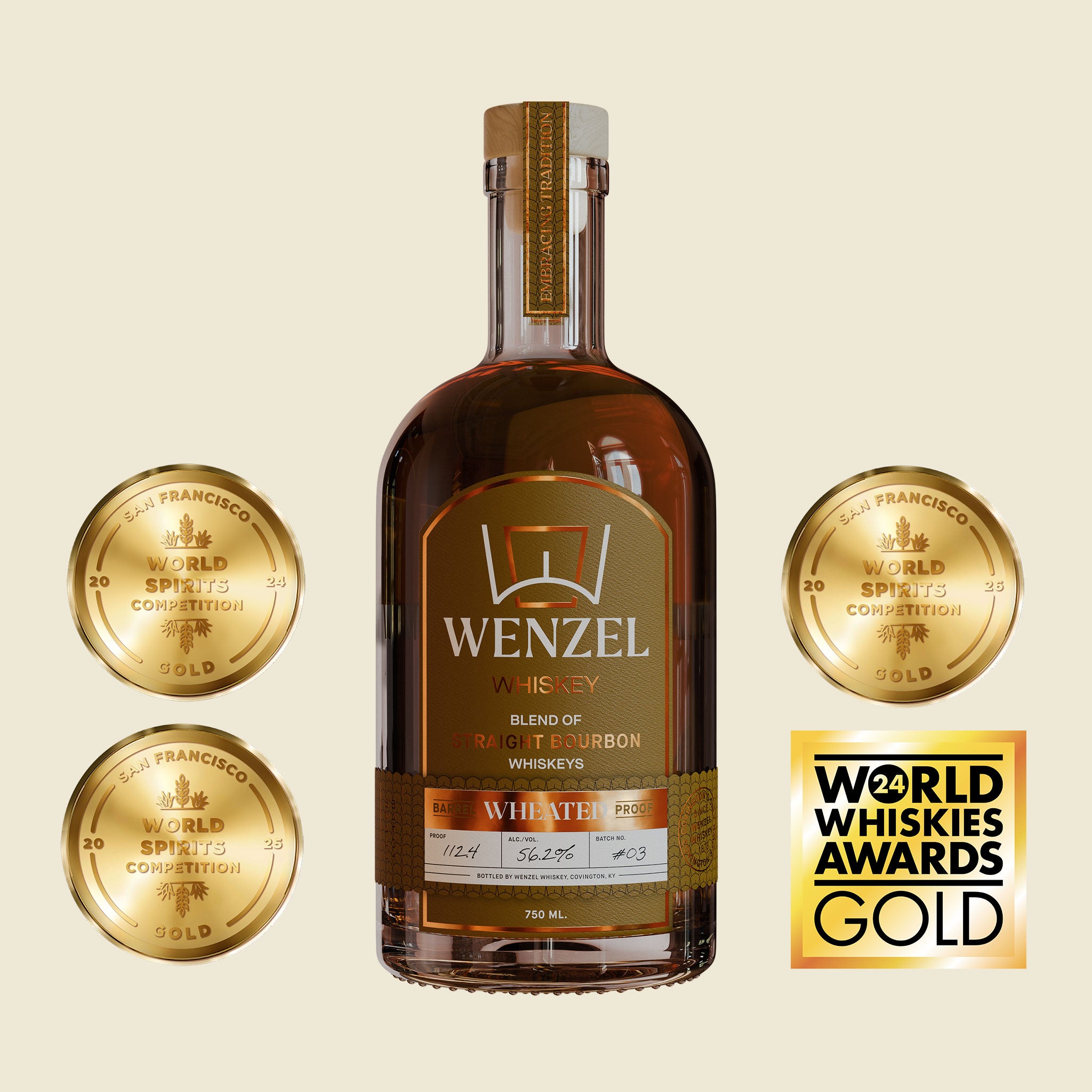 Bottle of Wenzel Distillery Whiskey Wheated Barrel Proof Blend of Straight Bourbon Whiskeys 750ml with San Francisco World Spirits Competition 2024, 2025 and 2026 Gold Medals plus World Whiskies Awards 2024 Gold Award.